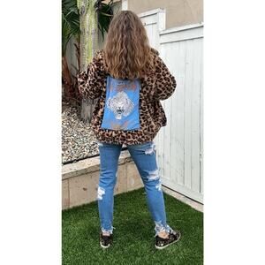 DEF LEPPARD 80s Rock Upcycled Retro Vintage Leopard Faux Fur Zip Jacket Size L